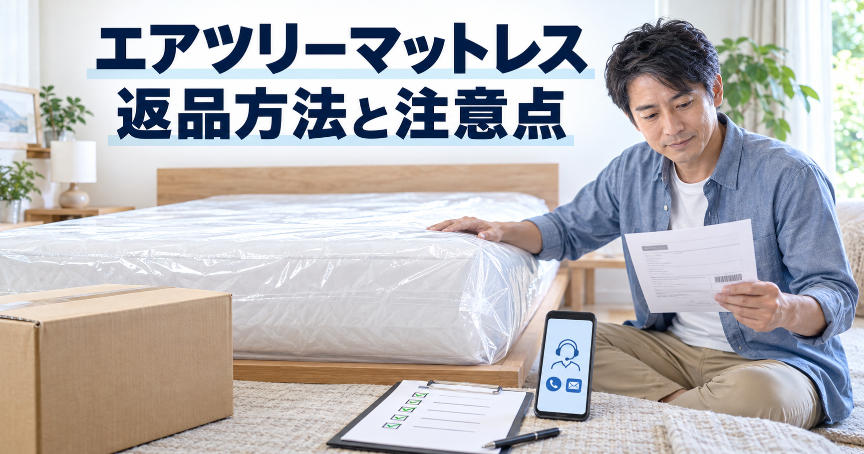 エアツリーマットレスと注文内容を確認しながら返品手続きを調べる40代男性