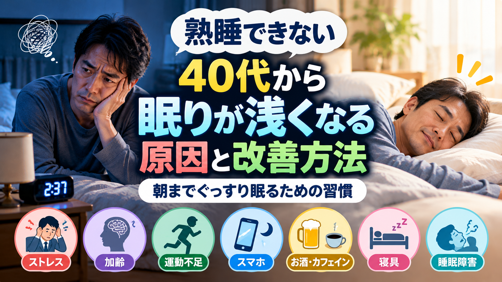 熟睡できない40代男性と、朝まで気持ちよく眠る男性を対比したアイキャッチ画像。眠りが浅くなる原因として、ストレス、加齢、運動不足、スマートフォン、飲酒・カフェイン、寝具、睡眠障害の7つを紹介。