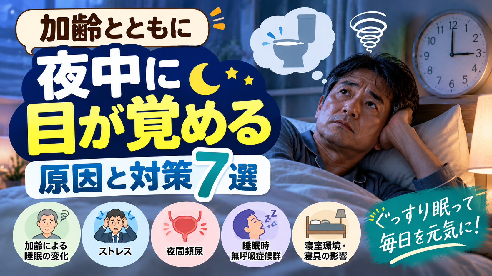 加齢とともに夜中に目が覚める40代・50代男性のイメージ画像。午前3時にベッドで眠れずにいる男性と、加齢による睡眠の変化、ストレス、夜間頻尿、睡眠時無呼吸症候群、寝室環境・寝具の影響を紹介するアイキャッチ画像。
