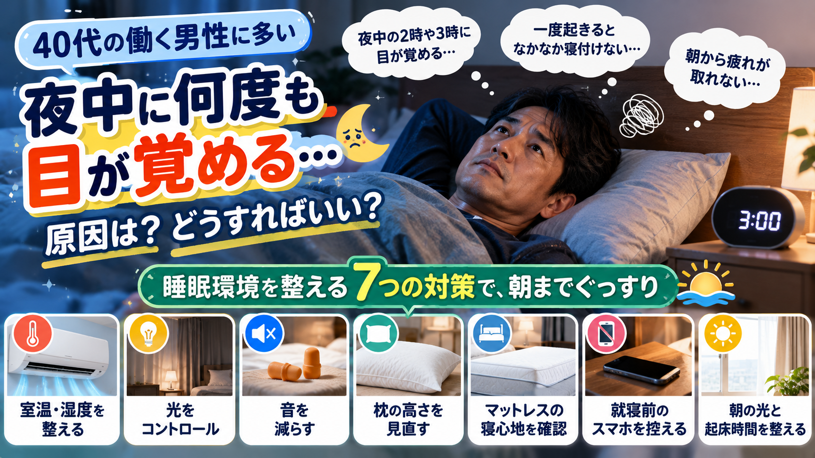 夜中の3時に目が覚めて眠れない40代男性と、室温・湿度、光、音、枕、マットレス、スマートフォン、朝の光など睡眠環境を整える7つの対策を紹介した画像