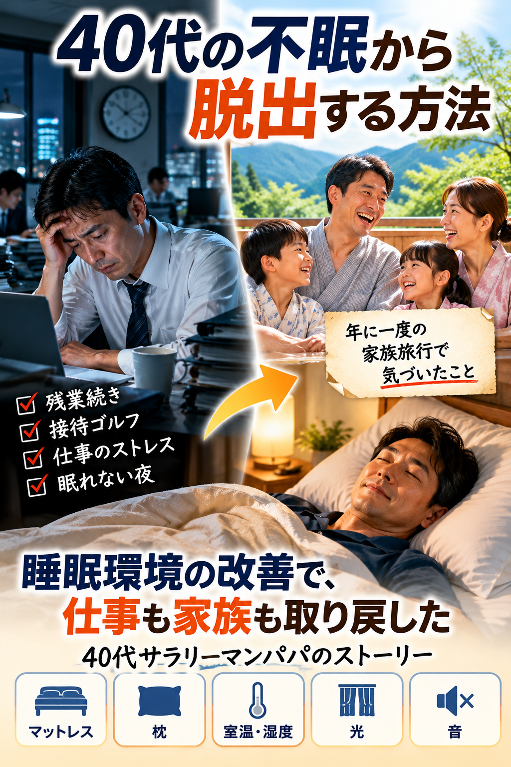 40代の不眠から脱出する方法を紹介するアイキャッチ画像。残業と仕事のストレスで疲れ切った45歳の銀行員が、家族旅行をきっかけに寝室の温度・光・音・枕・マットレスを見直し、快眠を目指すストーリー。