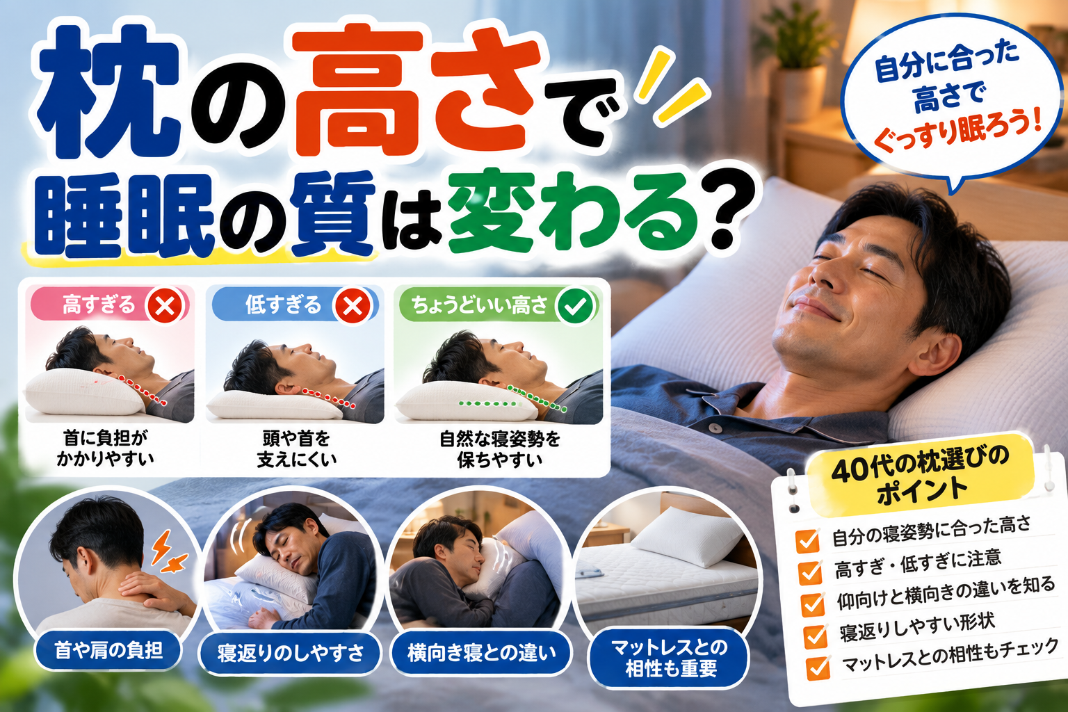 枕の高さで睡眠の質は変わる？高すぎる・低すぎる枕と自分に合った高さを比較する40代男性の枕選び