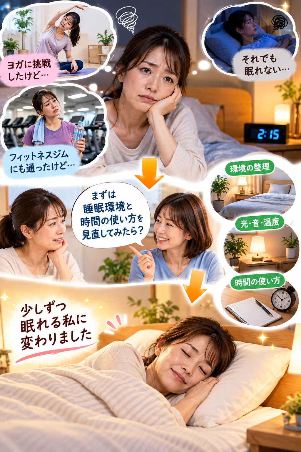 眠れない夜に悩む40代主婦が、ヨガやフィットネスジムを試した後、友人の助言で寝室の環境や夜の時間の使い方を見直し、穏やかに眠る姿を描いたアイキャッチ画像。
