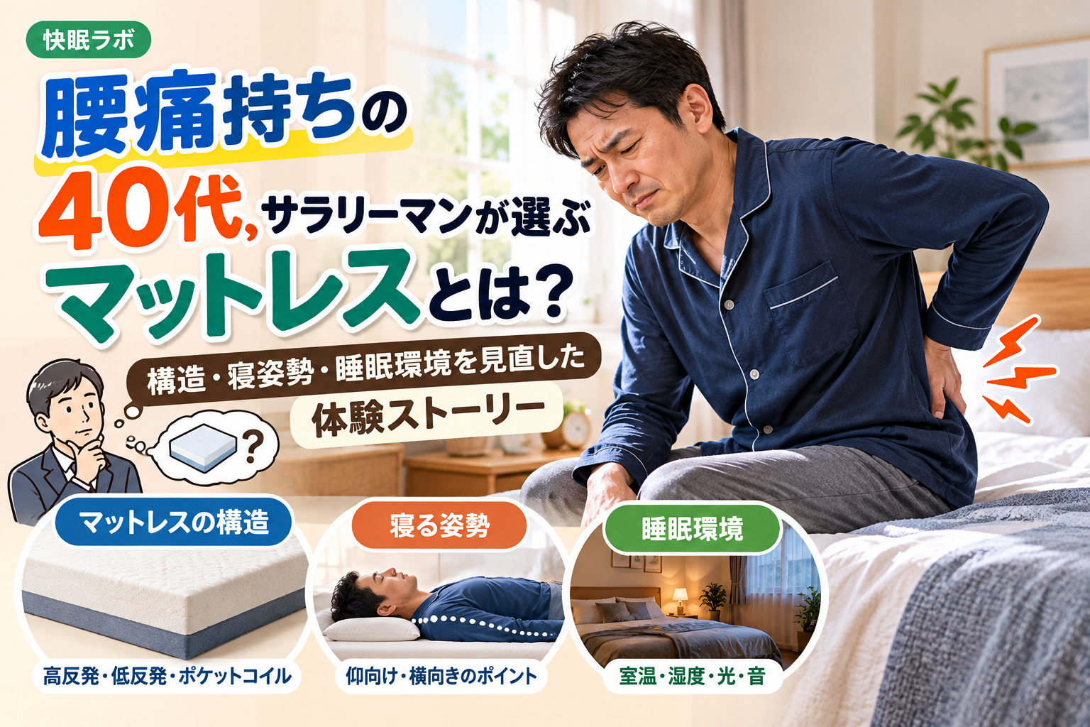 腰痛に悩む40代サラリーマンがベッドに座って腰を押さえている様子。マットレスの構造、仰向け・横向きの寝姿勢、室温や湿度などの睡眠環境を見直す方法を紹介する快眠ラボのアイキャッチ画像。