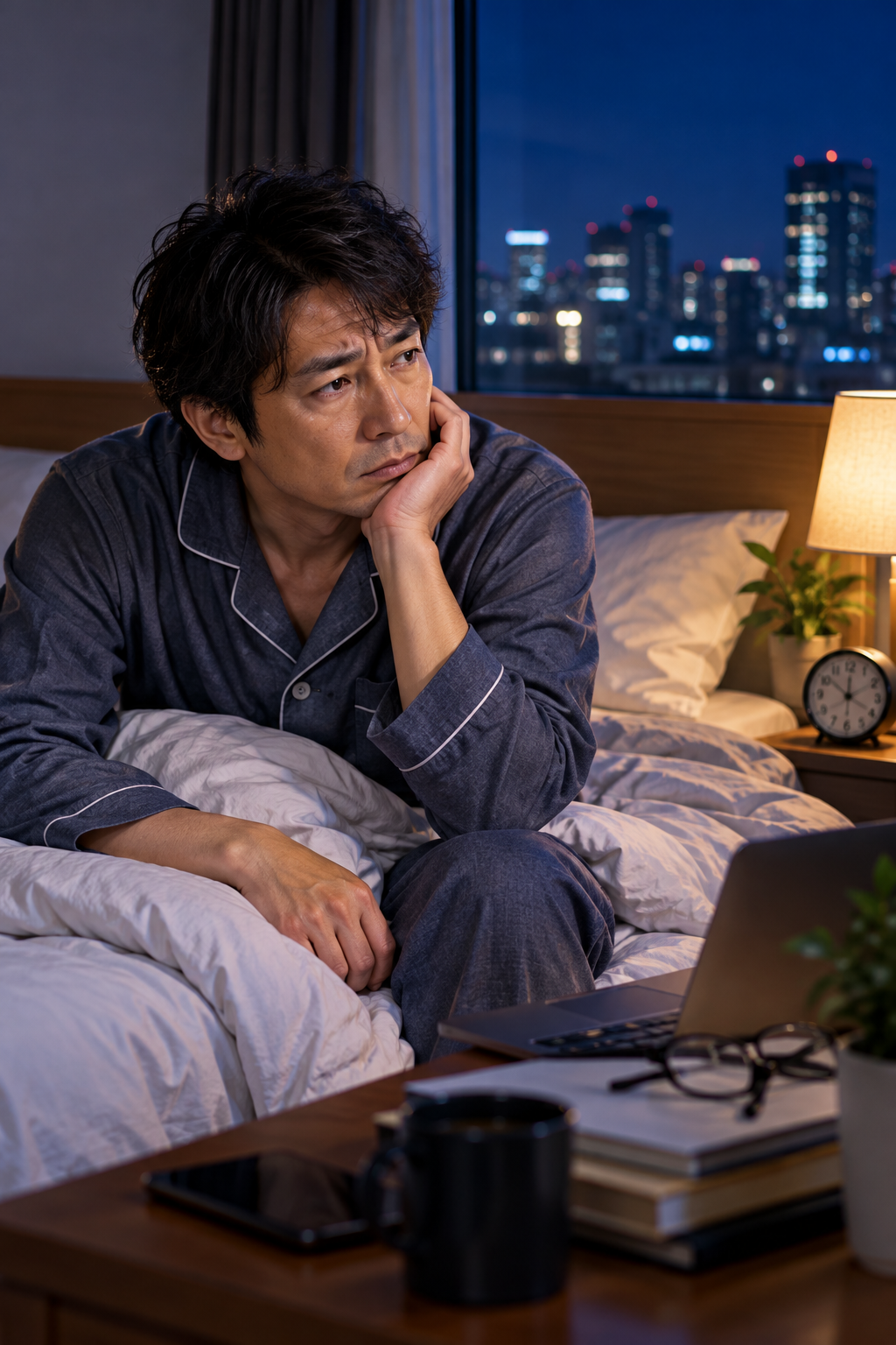 仕事のストレスで寝付きが悪く、夜の寝室でベッドに座り考え込む40代男性。枕元には時計があり、窓の外には夜景が広がっている。